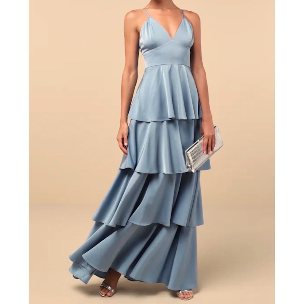 Lulus Going with Elegance Slate Blue Satin Tiered Gown Maxi Dress Size S NWT